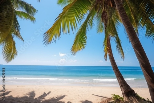 Scenic tropical view of sea, palm trees, sandy beach, and light blue sky. Generative AI