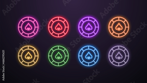 A set of neon icons of casino and poker chips in different bright colors on a dark background.