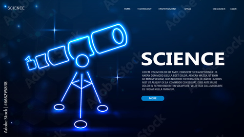 A web banner with a neon bright shiny telescope in blue with text. A concept on the topic of science and space.