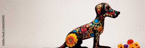 Cute Mexican day of the dead dog in the form of a skull on a light background