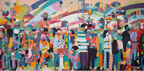 Many colorful pattern with people in a background