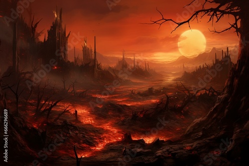 Landscape ravaged by fire, depicting pyropunk aesthetics in concept art format for desktop wallpaper. Generative AI
