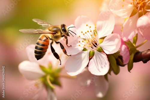 A bee collecting pollen from apple blossom with soft bokeh in the background. Generative AI © Cedric