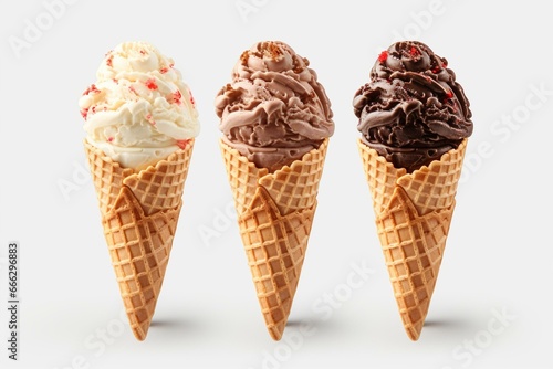 Ice cream cones set on clear background. Generative AI