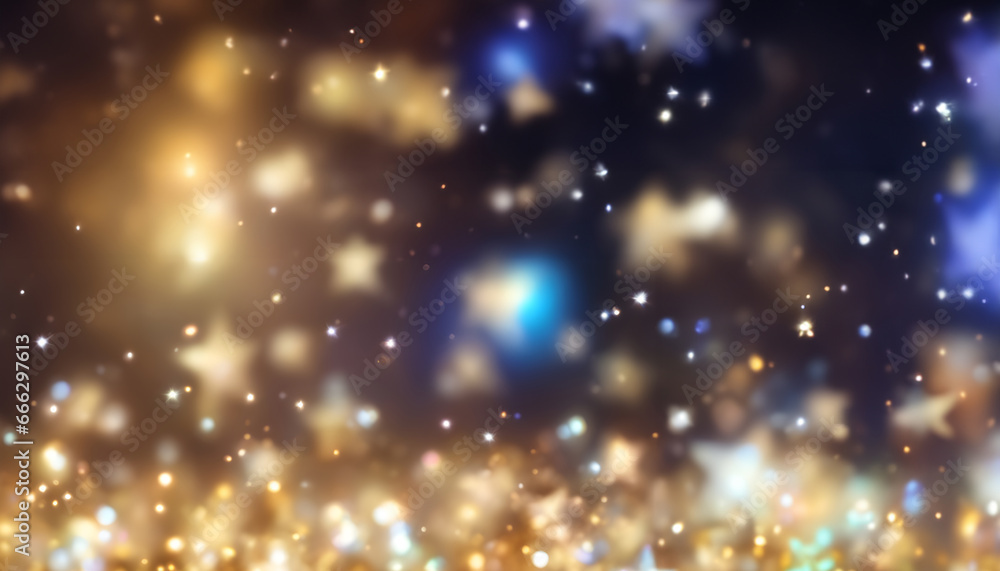 Golden Stars on Dark Background, Christmas and New Year 2024 Wallpaper with Bokeh, Beautiful Backdrop, elegant sparkly decoration and copy space