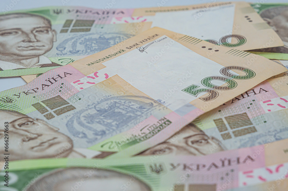 Ukrainian money. Background of the five hundred hryvnia banknotes. Ukraine money 500 hryvnia background. Ukrainian finance, salary, pension, donations, taxes Ukrainian money. Background of the five hundred hryvnia banknotes. Ukraine money 500 hryvnia background. Ukrainian finance, salary, pension, donations, taxes