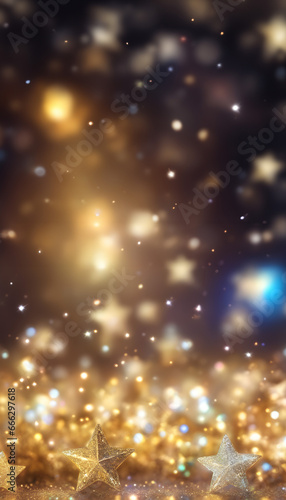 Golden Stars on Dark Background, Christmas and New Year 2024 Wallpaper with Bokeh, Beautiful Backdrop, elegant sparkly decoration and copy space, warm optimistic upbeat wallpaper,