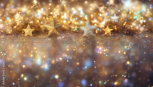 Golden Stars on Dark Background, Christmas and New Year 2024 Wallpaper with Bokeh, Beautiful Backdrop, elegant sparkly decoration and copy space