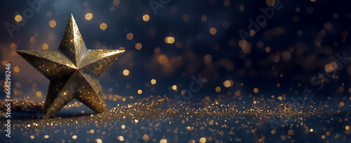 Golden Star on Dark Blue Background. Beautiful, elegant dark wallpaper. Christmas and New Year 2024 Wallpaper with Bokeh, copy space