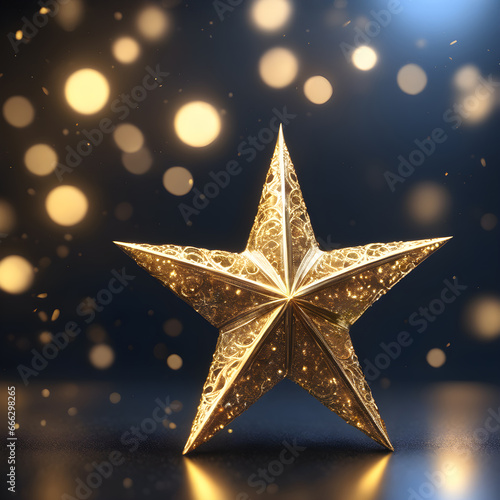 Golden Star on Dark Background, Christmas and New Year 2024 Wallpaper with Bokeh, beautiful, elegant sparkly decoration, copy space © SONJA ZALAR