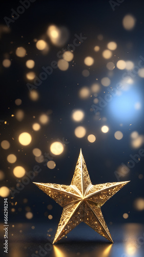 Golden Star on Dark Background, Christmas and New Year 2024 Wallpaper with Bokeh, beautiful, elegant sparkly decoration, copy space