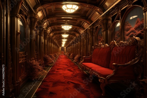 A digitally created artwork depicting a lavish train corridor. Generative AI