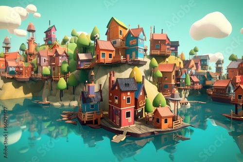 Whimsical floating village with colorful toy houses and stylized trees on a low poly island. Generative AI