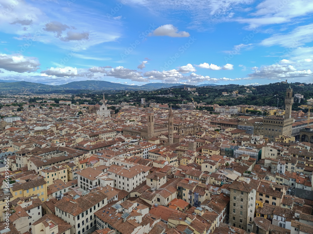 Panorama in aerial view over Florence and several landmarks towers, ITALY