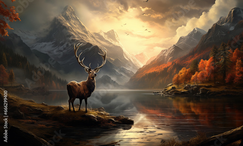 Elk, stag, antler, deer standing next to a lake. landscape mountains background, Digital oil painting
