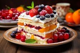 A delicious cake with layers of fruit and whipped cream, served on a plate in a close-up shot. Generative AI