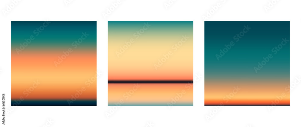 Sunrise or sunset colorful gradients background set. Smooth blurred wallpaper set in orange, yellow, green colors. Abstract night or evening sky horizon backdrop. Vector illustration
