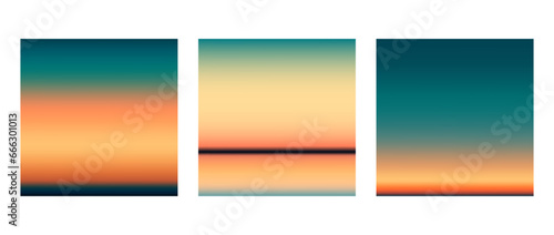 Sunrise or sunset colorful gradients background set. Smooth blurred wallpaper set in orange, yellow, green colors. Abstract night or evening sky horizon backdrop. Vector illustration