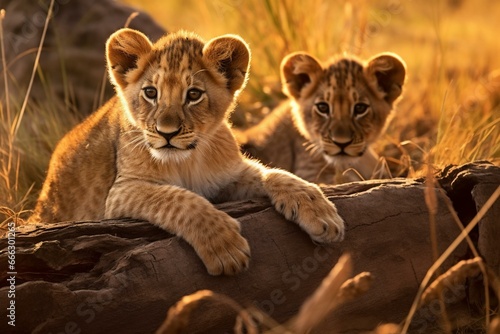 Lion cubs basking in daylight on the savannah. Generative AI