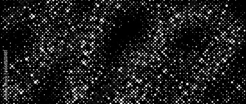Halftone grunge overlay texture. Black and white dotted distressed background. Rough dirty surface for template, banner, poster, cover, collage, flyer. Vector grain noise gritty wallpaper