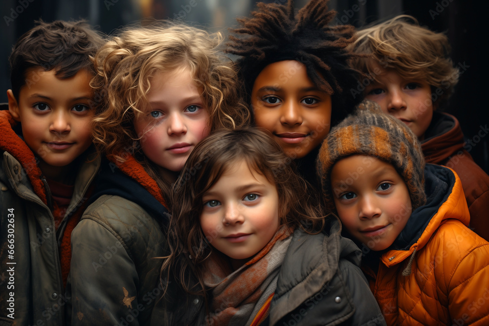 Group of six friends, kids in coats, together during a London winter.
