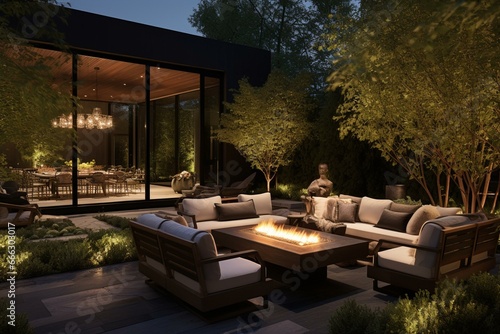 Chic outdoor ambiance featuring spacious seating and a prominent fire pit. Generative AI