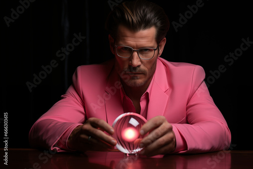 Middle aged Caucasian businessman wearing pink suit sitting at a table with a pink colored ball. 