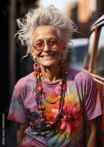 cheerful elderly hippie woman in bright clothes on a city street, old lady, grandmother, world peace, subculture, 60s style, fashion, emotions, facial expression, portrait, joy, happiness, retired