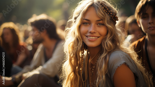 young beautiful hippie woman with long curls and hair band smiling, beads, girl portrait, fashion, style, sunlight, world peace, joyful emotions, facial expression, happiness, music festival © Julia Zarubina