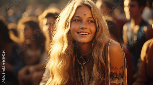 young beautiful hippie woman with long curls and hair band smiling, beads, girl portrait, fashion, style, sunlight, world peace, joyful emotions, facial expression, happiness, music festival © Julia Zarubina