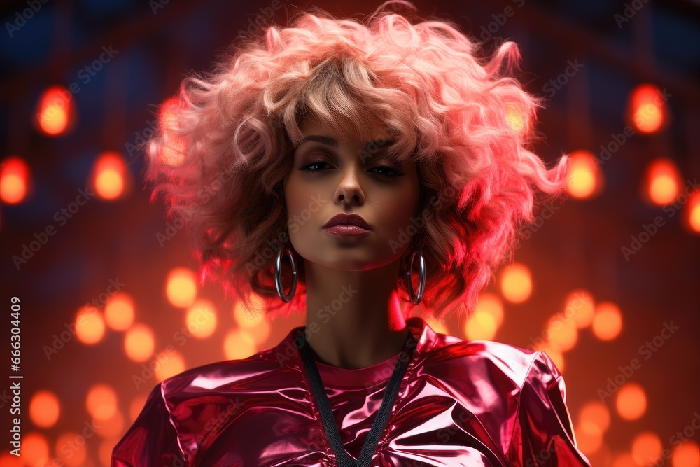 80s-inspired pop star woman, retro neon-lit stage. 80s-inspired pop star woman, retro neon-lit stage.