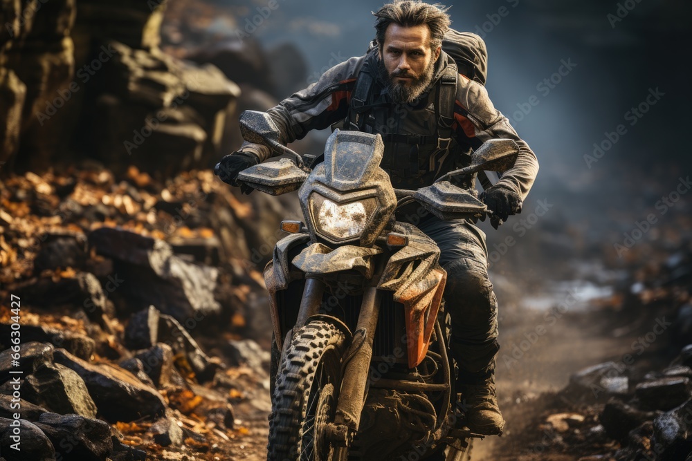 Adventure biker exploring rugged terrains Adventure biker exploring rugged terrains