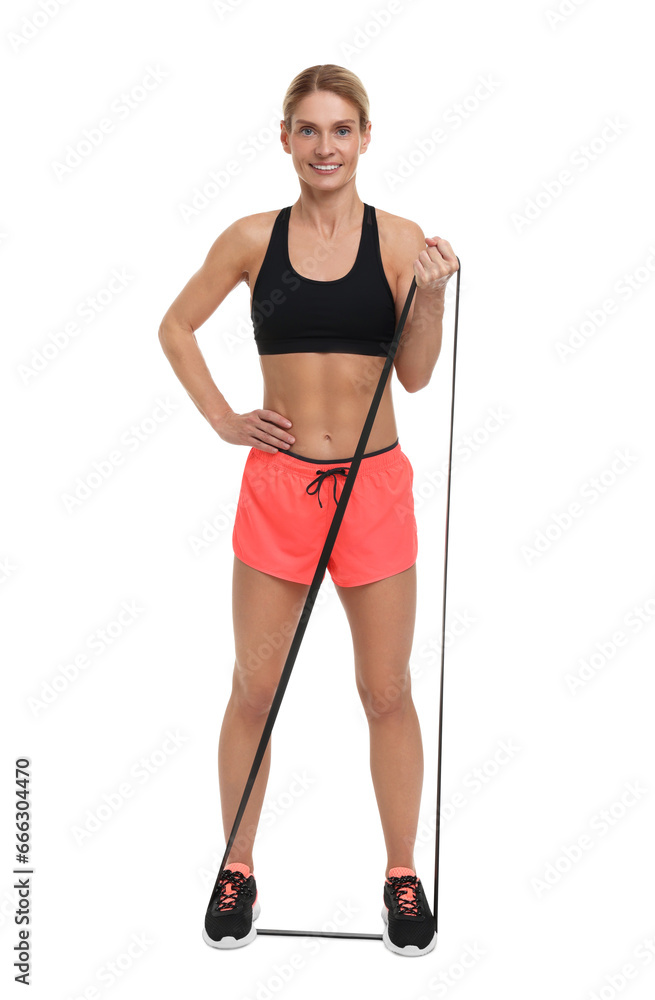 Woman exercising with elastic resistance band on white background Woman exercising with elastic resistance band on white background
