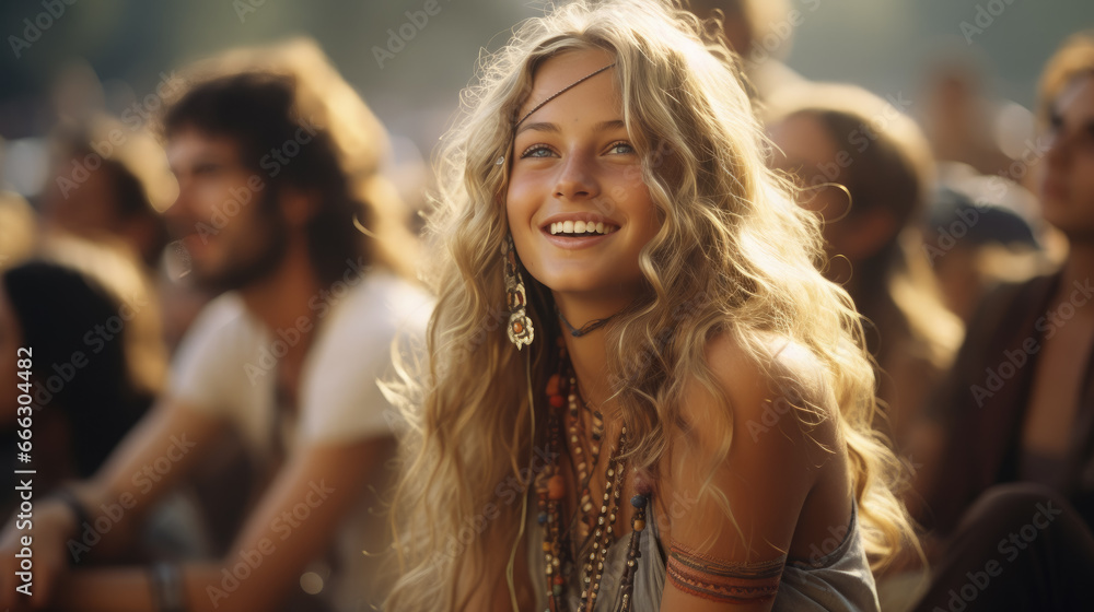 young beautiful hippie woman with long curls and hair band smiling, beads, girl portrait, fashion, style, sunlight, world peace, joyful emotions, facial expression, happiness, music festival