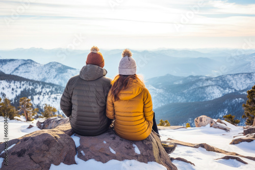 A couple sitting at the top of a snowy mountain, view from the behind. A winter hiking and wanderlust concept