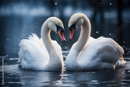 A pair of swans forming a heart with their necks on calm water.