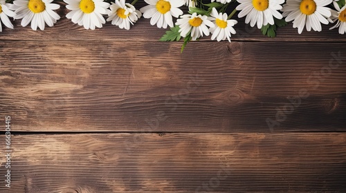 Beautiful spring chamomile flowers on a wooden background © Adriana
