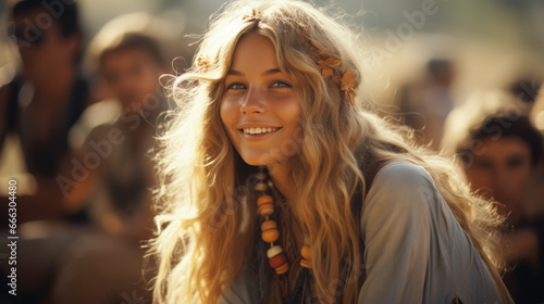 young beautiful hippie woman with long curls and hair band smiling, beads, girl portrait, fashion, style, sunlight, world peace, joyful emotions, facial expression, happiness, music festival © Julia Zarubina