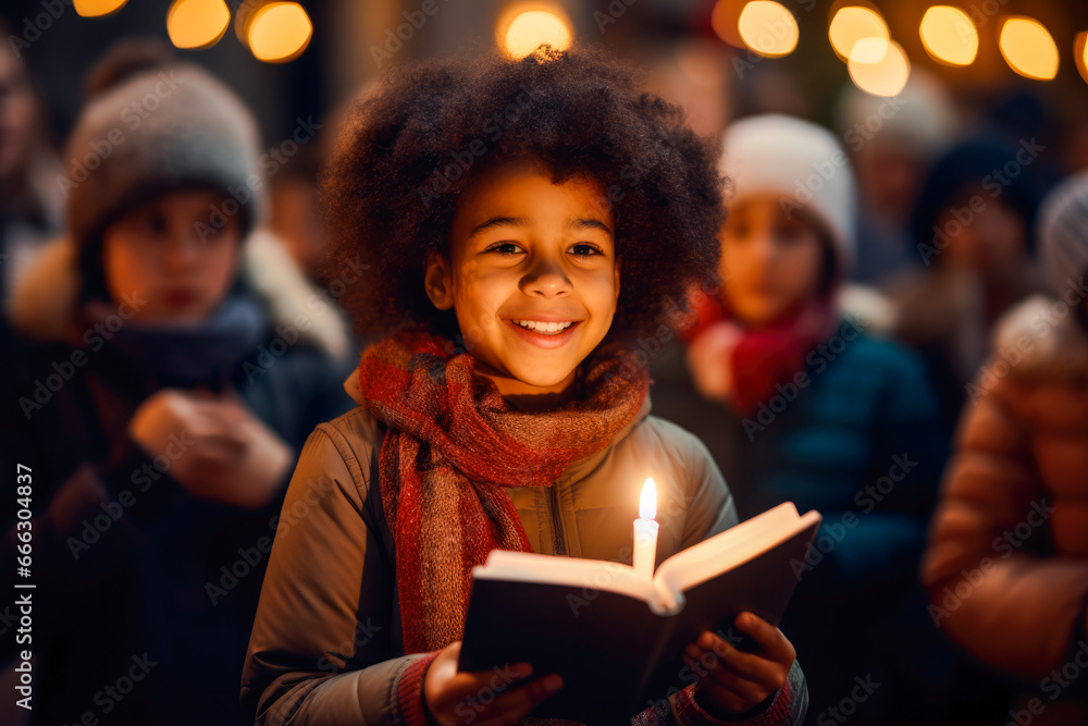 African American girl holding a christmas carol book at Christmas carol, with a crowd holding candles in the background and christmas lights African American girl holding a christmas carol book at Christmas carol, with a crowd holding candles in the background and christmas lights