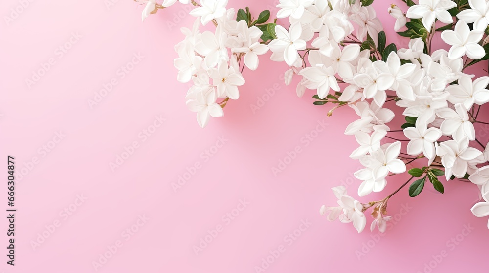 Blooming white jasmine plant on an empty pink background