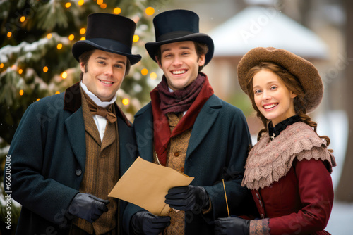Christmas carolers in victorian outfits in winter time