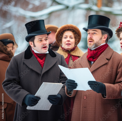 Christmas carolers in victorian outfits in winter time