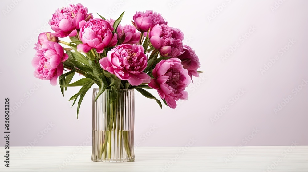 A Bouquet of peony flowers, magenta color in a glass vase