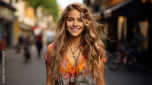 young beautiful hippie woman with long curls and hair band smiling, beads, girl portrait, fashion, style, sunlight, world peace, joyful emotions, facial expression, happiness, city street © Julia Zarubina