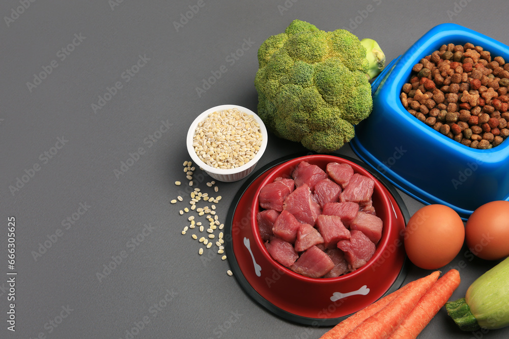Raw meat in bowl and healthy products for pet on black background, above view. Space for text Raw meat in bowl and healthy products for pet on black background, above view. Space for text