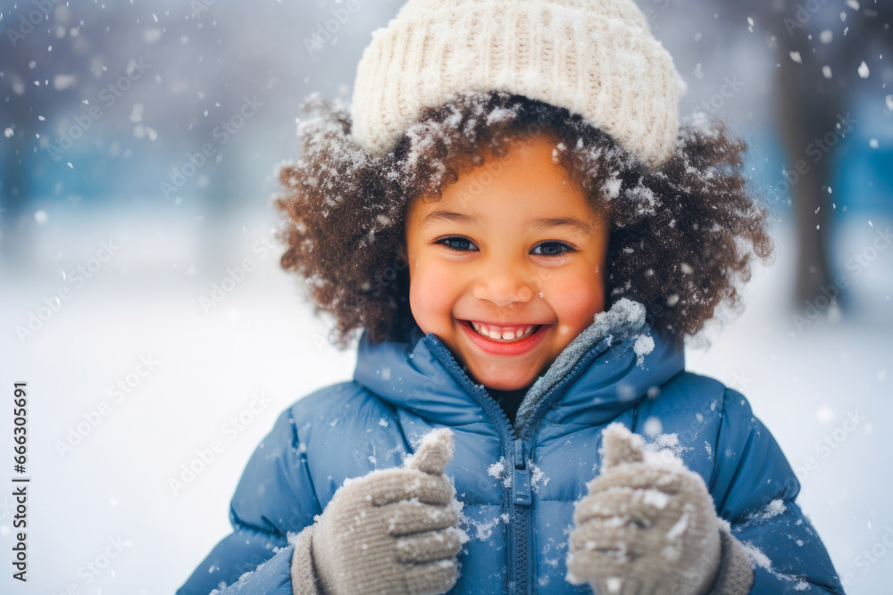 Young African American toddler laughing and standing outside in the snow catching snowflakes in hands, wearing gloves. Winter snowing cold happy holidays with white Christmas Young African American toddler laughing and standing outside in the snow catching snowflakes in hands, wearing gloves. Winter snowing cold happy holidays with white Christmas