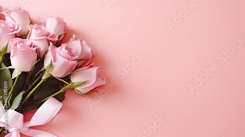 A bouquet of pink roses on colored table background