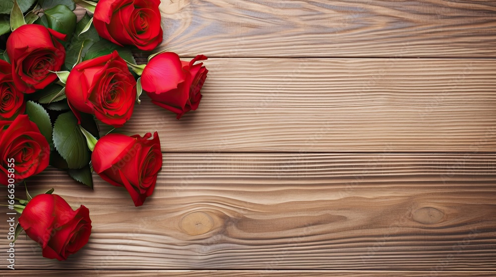 A bouquet of red roses on a light wooden background A bouquet of red roses on a light wooden background