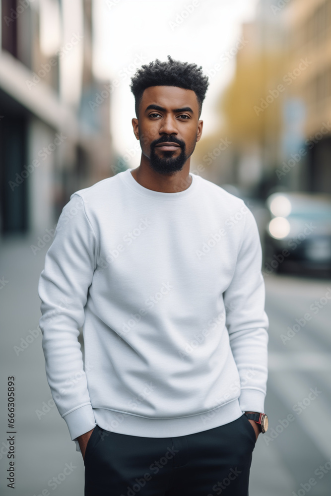 A handsome man standing outdoors in a city, modelling a plain white sweatshirt ready for a design. Generative AI. A handsome man standing outdoors in a city, modelling a plain white sweatshirt ready for a design. Generative AI.