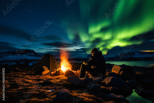 A traveler preparing campfire under the Northern Lights